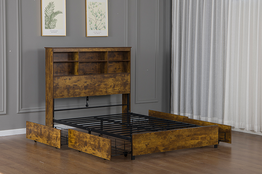 Estrutura de cama de madeira estilo retro-industrial 4831D