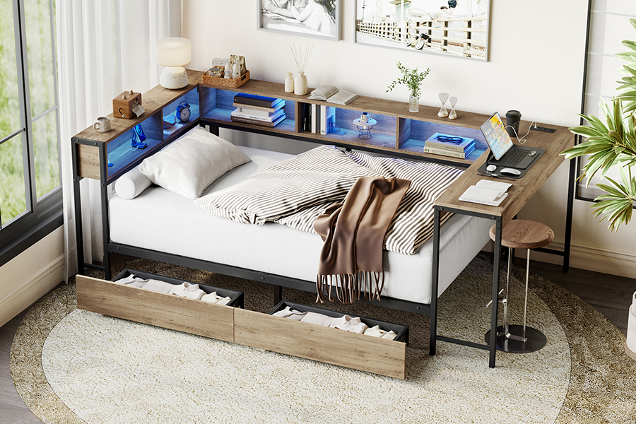 Estrutura de cama de metal de estudo 4599-1-3DU com mesa em forma de L