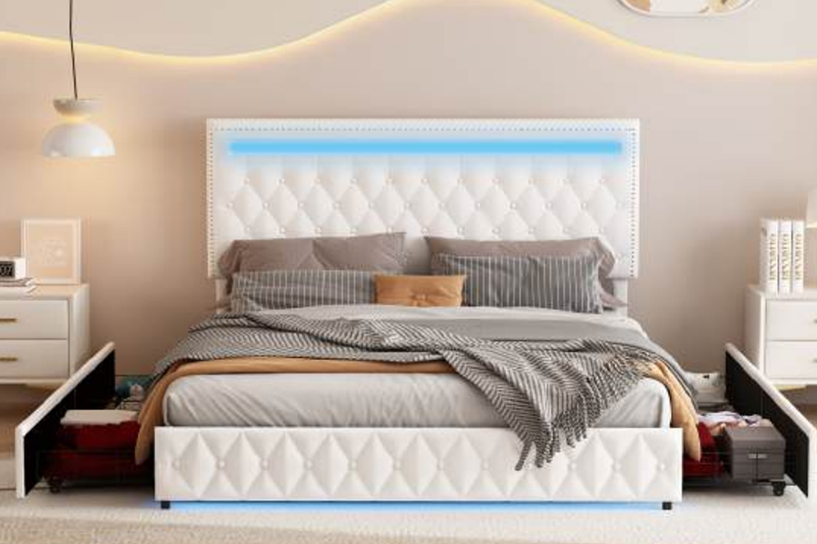 Estrutura de cama com iluminação ambiente inteligente para armazenamento de gavetas 4471-1-3D