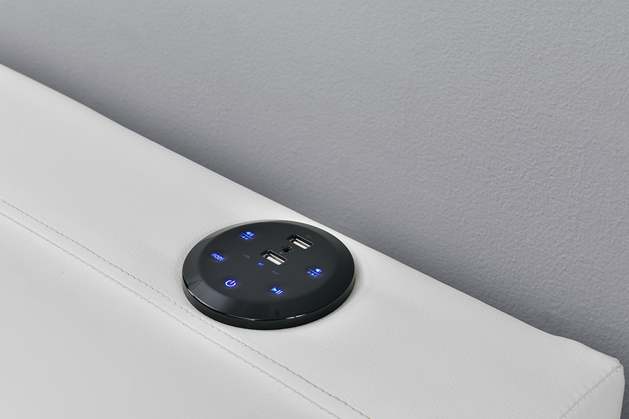 1894-1DS Alto-falante Bluetooth estofado com estrutura de cama para armazenamento audiovisual