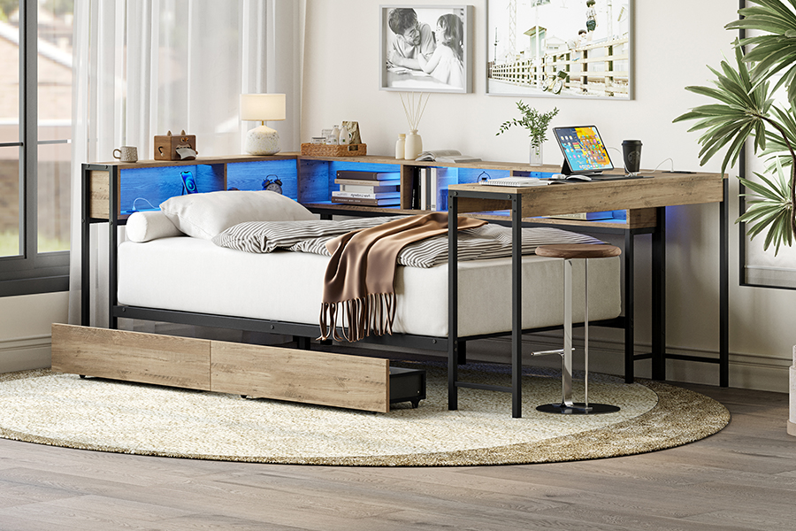 Estrutura de cama de metal de estudo 4599-1-3DU com mesa em forma de L