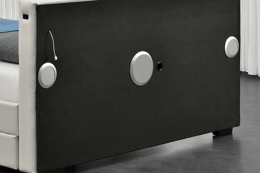 1894-1DS Alto-falante Bluetooth estofado com estrutura de cama para armazenamento audiovisual