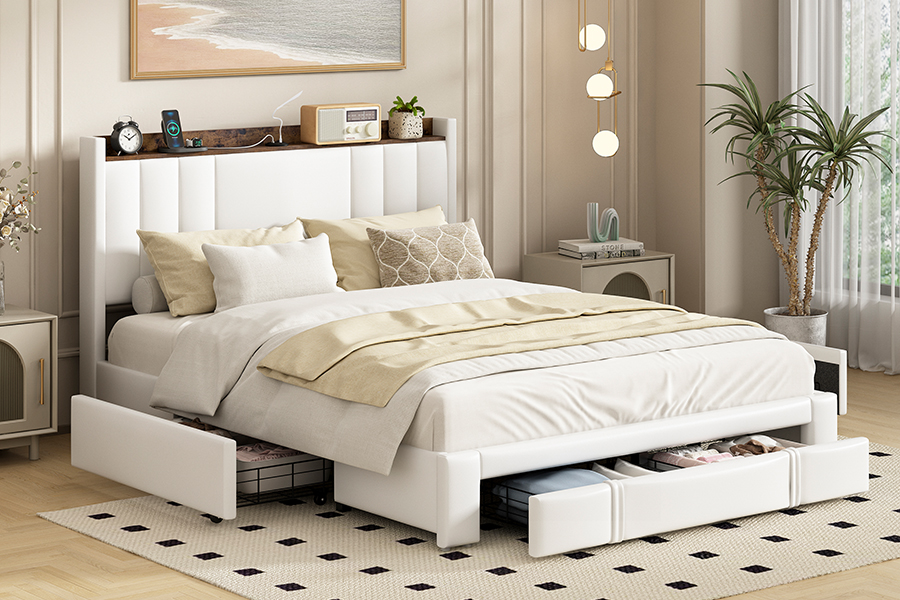 A002-1-3DU USB estofada estrutura de cama com cabeceira integrada