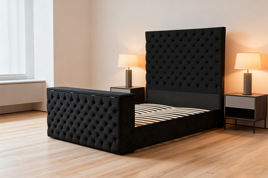 Cama motorizada com suporte de TV elevável 4652BG para quartos pequenos