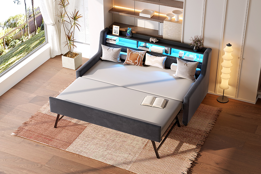 4857-1U Sofá-cama coberto com tecido de veludo macio com rodízio