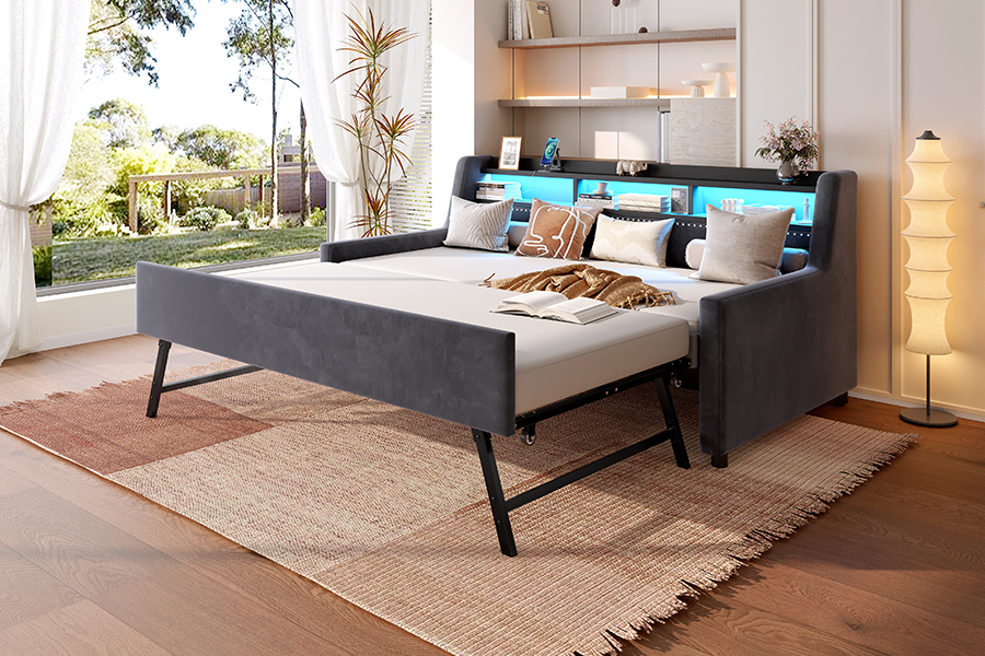 4857-1U Sofá-cama coberto com tecido de veludo macio com rodízio