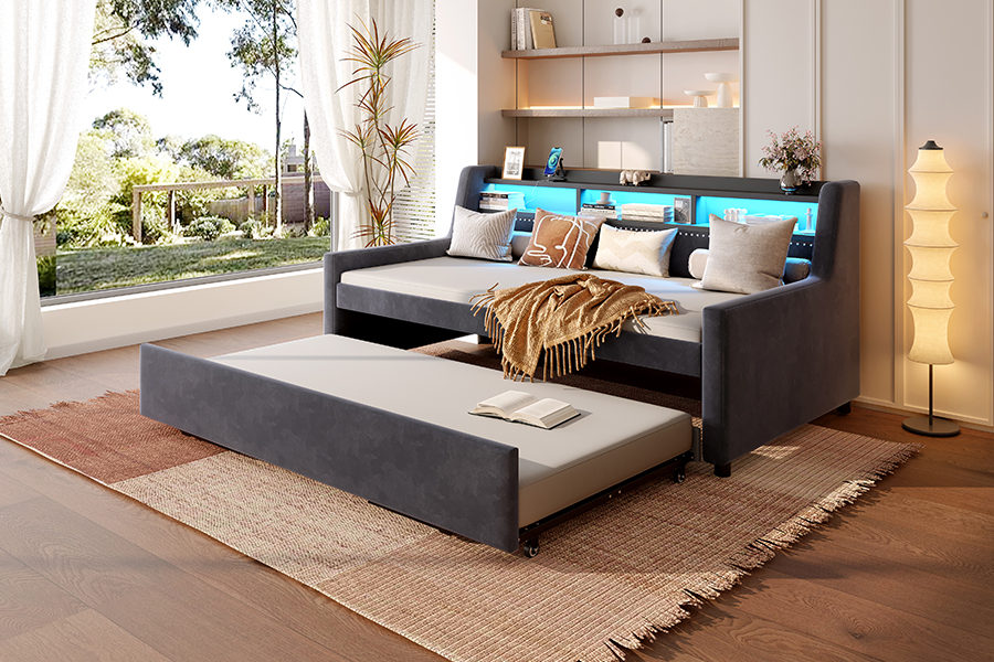 4857-1U Sofá-cama coberto com tecido de veludo macio com rodízio