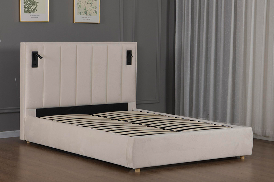 quadro estofado da cama do diodo emissor de luz bege macio moderno de veludo do armazenamento hidráulico 5033-1G
