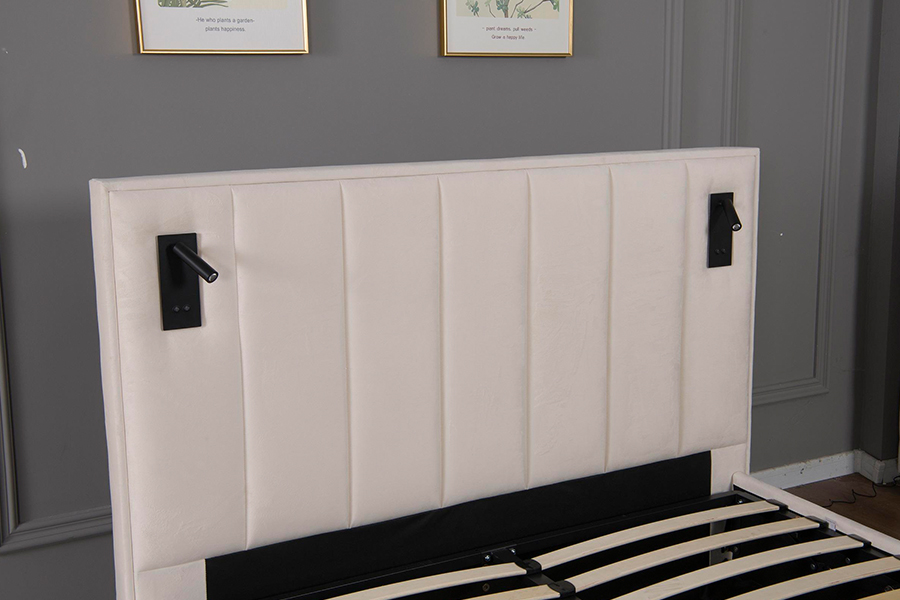 quadro estofado da cama do diodo emissor de luz bege macio moderno de veludo do armazenamento hidráulico 5033-1G