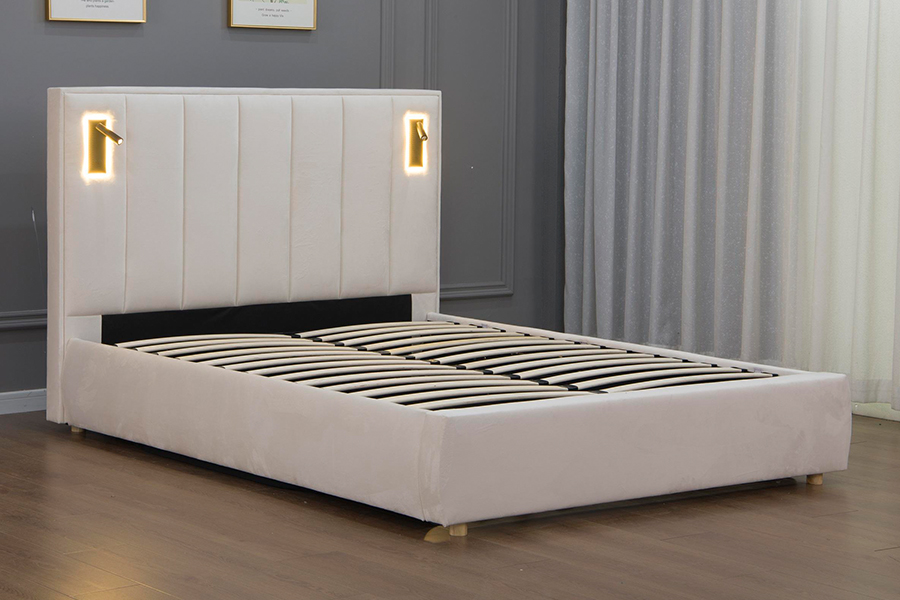 quadro estofado da cama do diodo emissor de luz bege macio moderno de veludo do armazenamento hidráulico 5033-1G