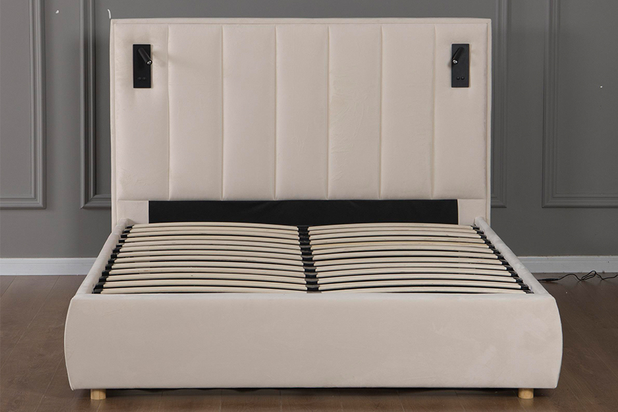 quadro estofado da cama do diodo emissor de luz bege macio moderno de veludo do armazenamento hidráulico 5033-1G