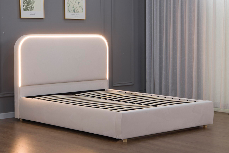 5032-1G cabeceira curvada de madeira LED estrutura de cama estofada