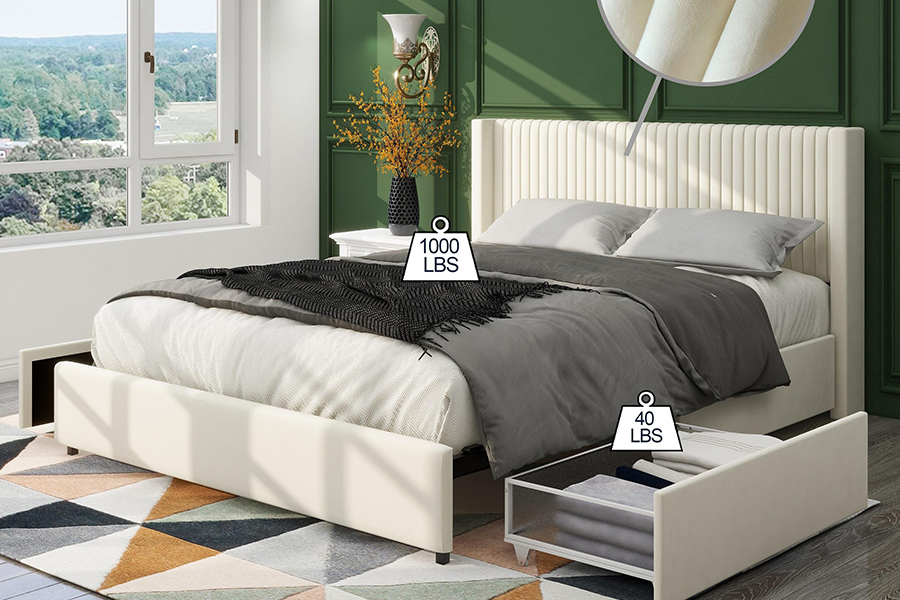 Quadro estofado ajustável bege moderno da cama do armazenamento da cama macia N18