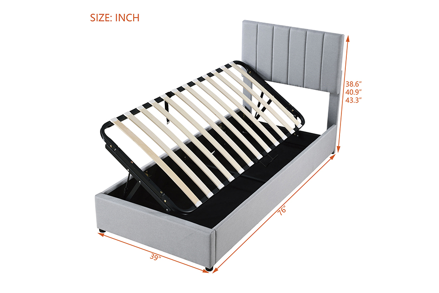 Estrutura de cama de armazenamento estofada com função de armazenamento elevável em tecido cinza moderno N16