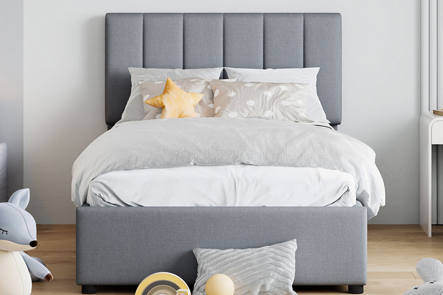 Estrutura de cama de armazenamento estofada com função de armazenamento elevável em tecido cinza moderno N16