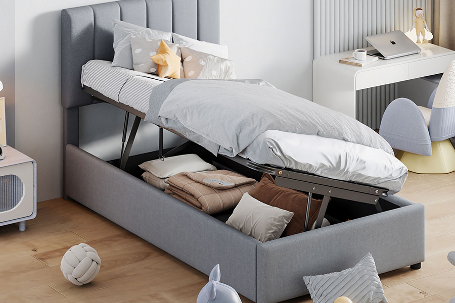 Estrutura de cama de armazenamento estofada com função de armazenamento elevável em tecido cinza moderno N16