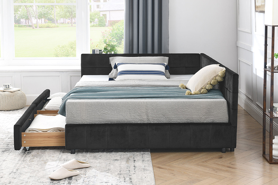 N14 em forma de L veludo estofado altamente ajustável estrutura de cama estofada de armazenamento