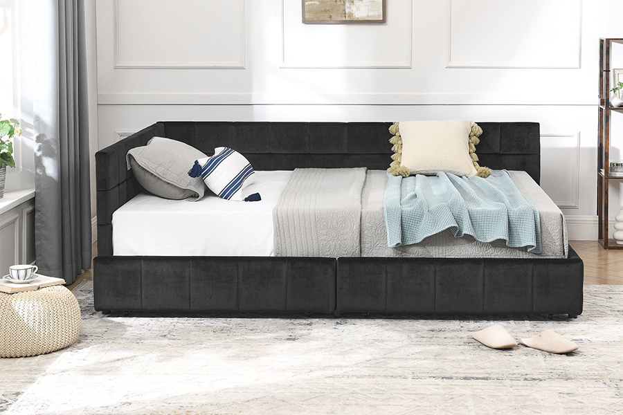 N14 em forma de L veludo estofado altamente ajustável estrutura de cama estofada de armazenamento