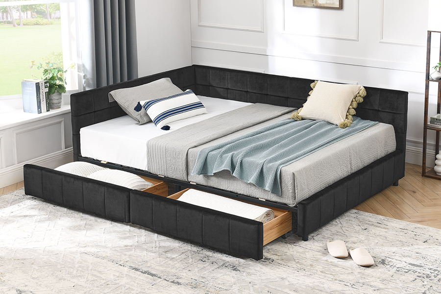 N14 em forma de L veludo estofado altamente ajustável estrutura de cama estofada de armazenamento