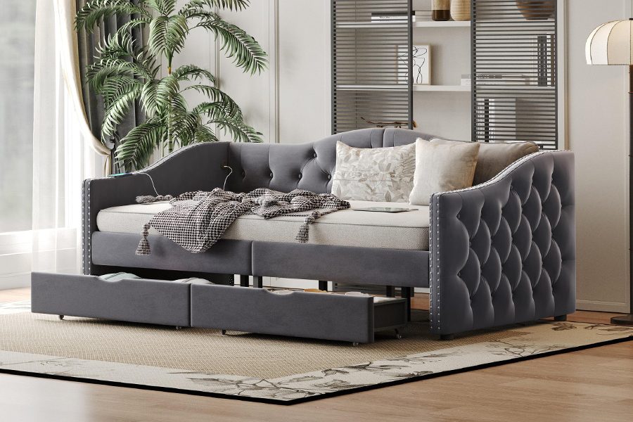 N13 europeu moderno almofada de veludo cinza sofá cama de armazenamento