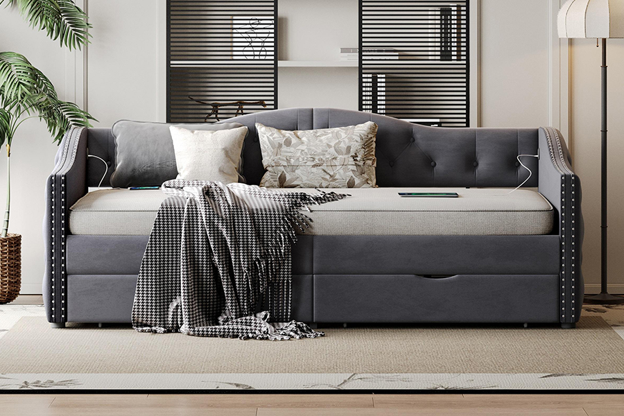 N13 europeu moderno almofada de veludo cinza sofá cama de armazenamento
