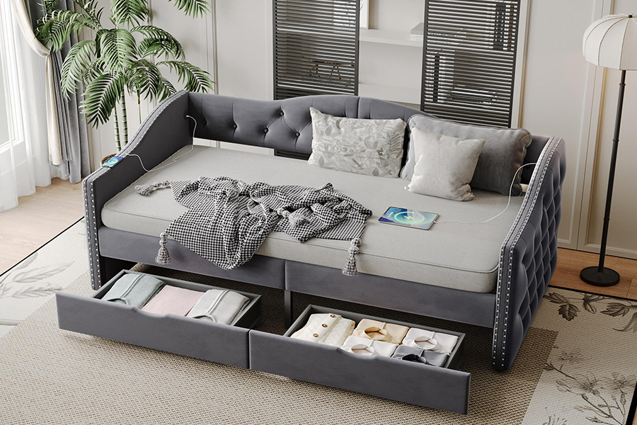 N13 europeu moderno almofada de veludo cinza sofá cama de armazenamento