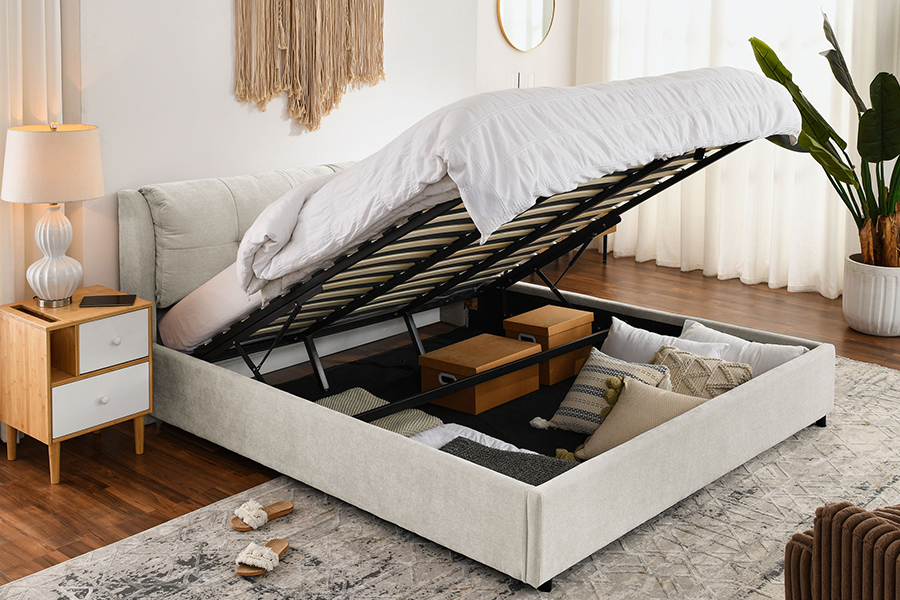 Estrutura de cama de armazenamento estofada ecologicamente correta e durável N10