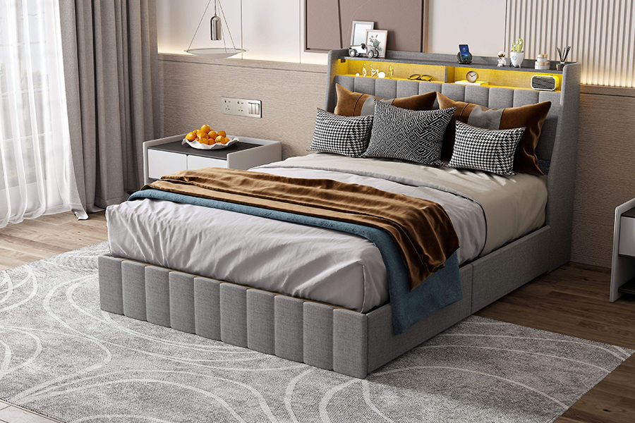 Quadro estofado LED Eco-Friendly da cama dos materiais da cama cinzenta da tela N2