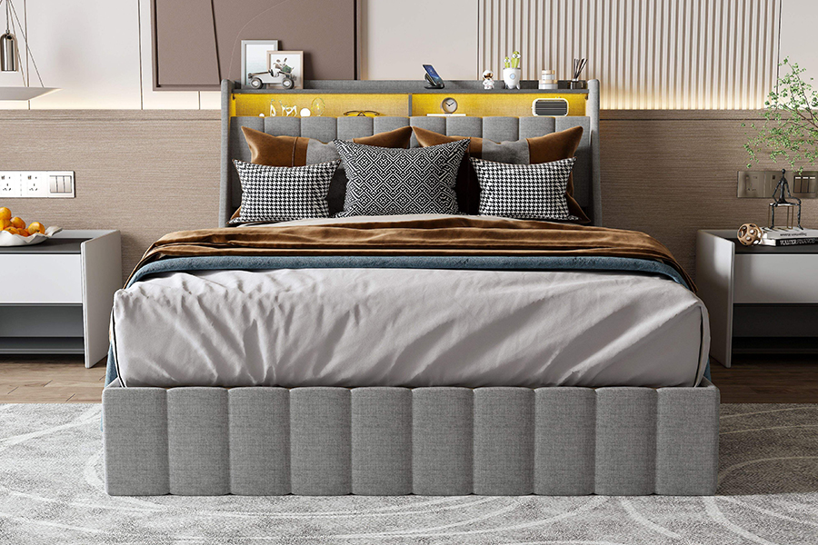 Quadro estofado LED Eco-Friendly da cama dos materiais da cama cinzenta da tela N2
