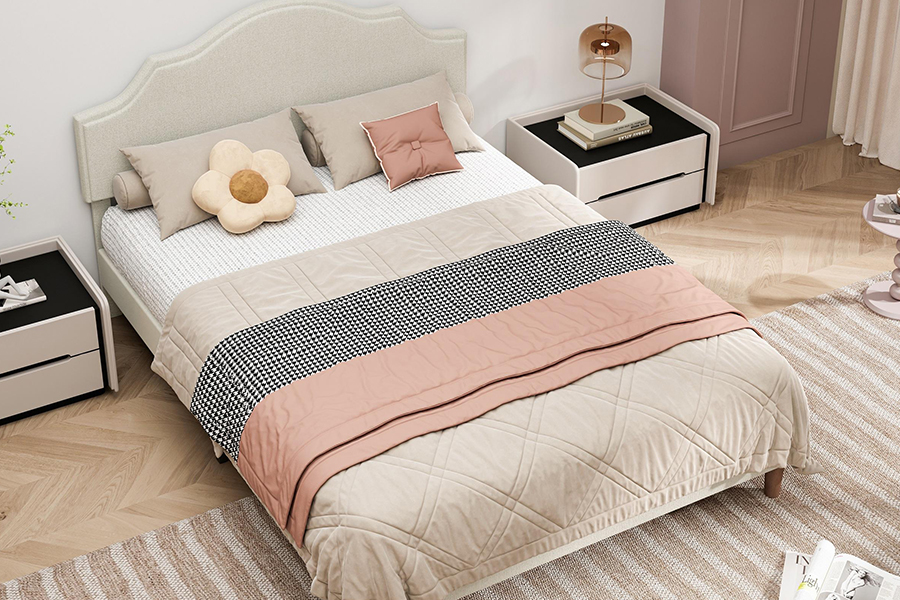 Cama estofada tamanho Queen em tecido bege de alta qualidade N21