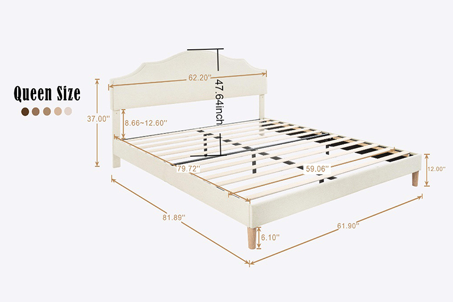 Cama estofada tamanho Queen em tecido bege de alta qualidade N21