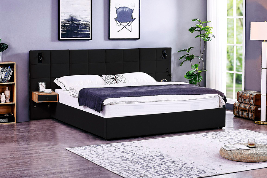 Quadro de cama N6 ajustável, material de cama macia, quadro estofado LED
