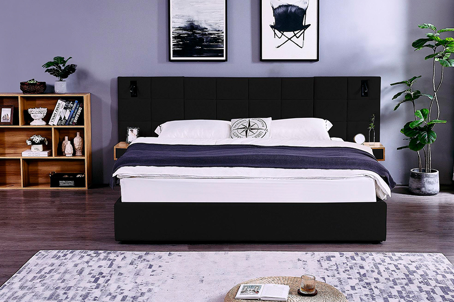 Quadro de cama N6 ajustável, material de cama macia, quadro estofado LED
