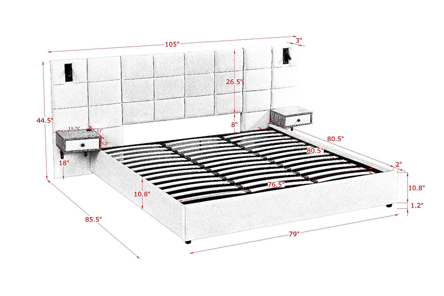 Quadro de cama N6 ajustável, material de cama macia, quadro estofado LED