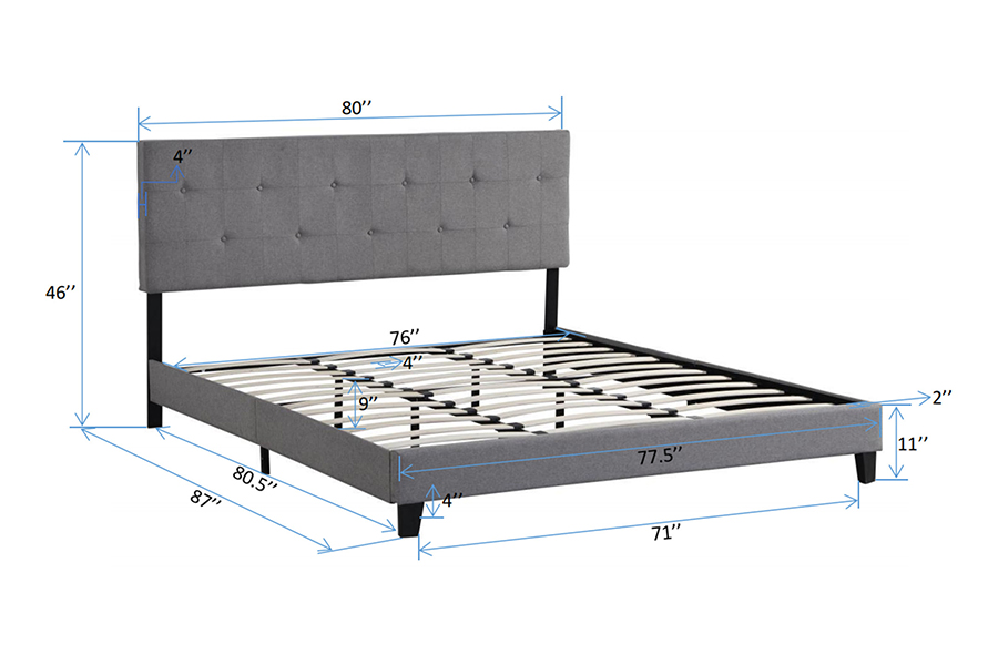 Cama estofada com cabeceira tufada com botão de tecido cinza N7
