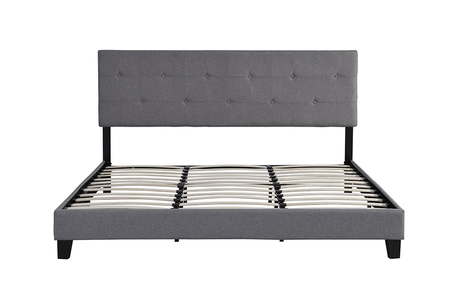 Cama estofada com cabeceira tufada com botão de tecido cinza N7