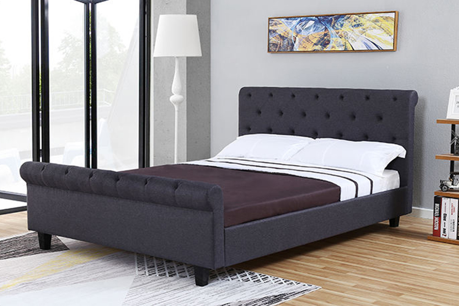 1307 Estofamento de linho tufado marrom Estrutura de cama estofada para armazenamento