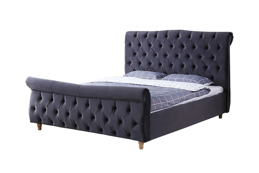 Cama estofada com estrutura de madeira estofada em tecido de 1304 veludos
