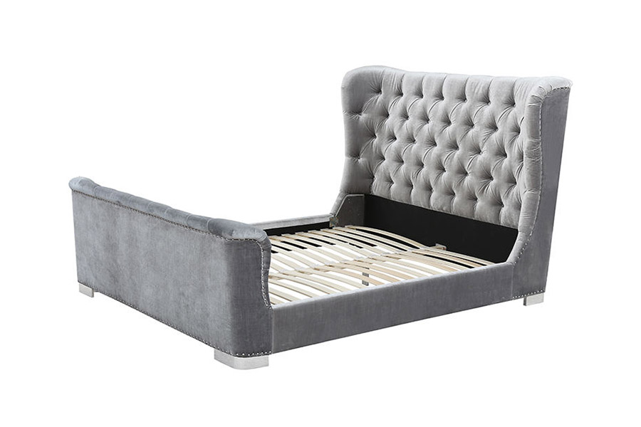 Cama estofada com cabeceira de madeira macia 1402