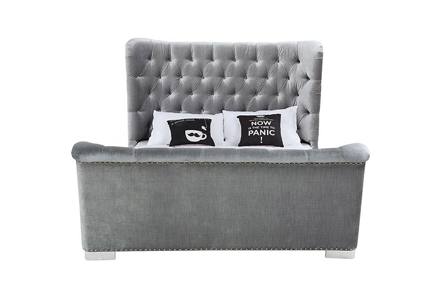 Cama estofada com cabeceira de madeira macia 1402
