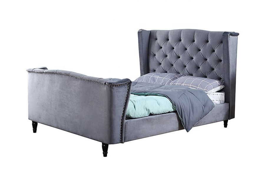 Cama estofada com botão lateral em tecido de veludo 1399