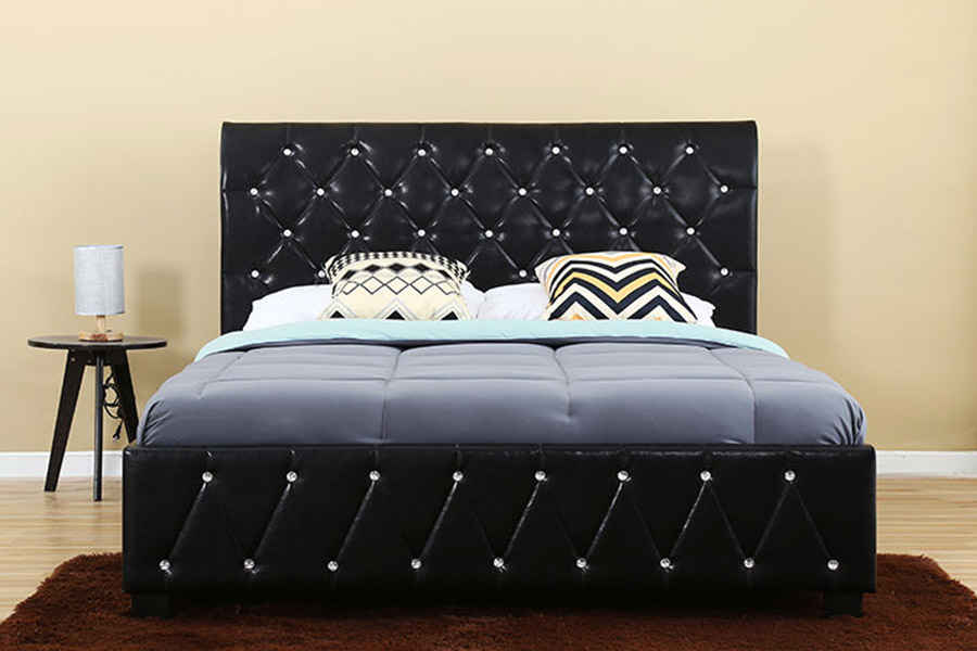 Cama estofada com cabeceira macia em couro preto 1367