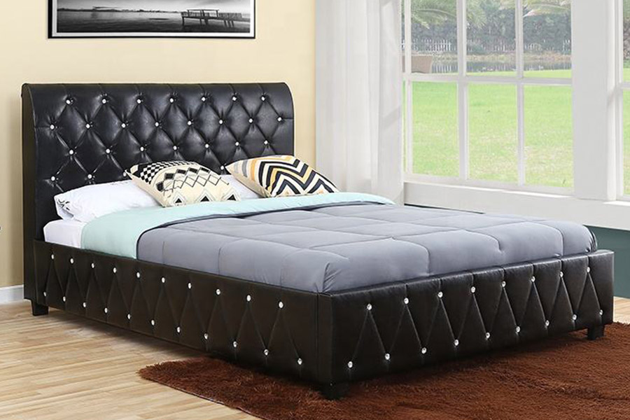 Cama estofada com cabeceira macia em couro preto 1367