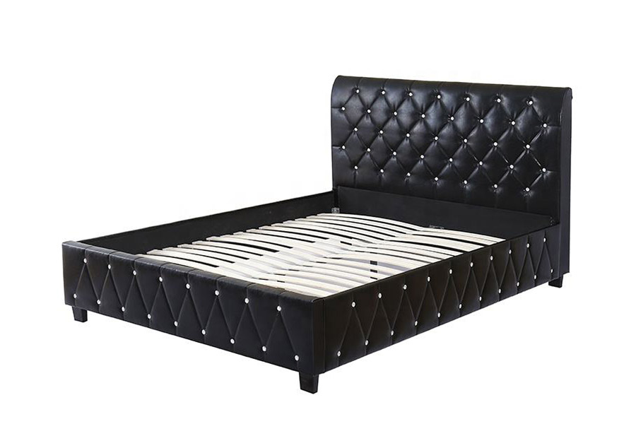 Cama estofada com cabeceira macia em couro preto 1367