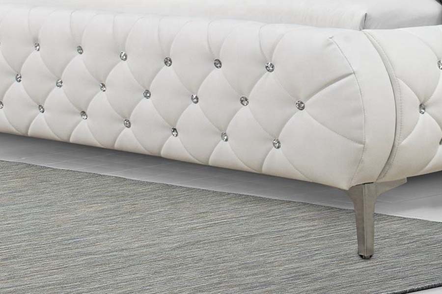Cama estofada com estrutura de madeira macia em couro PU branco 1586