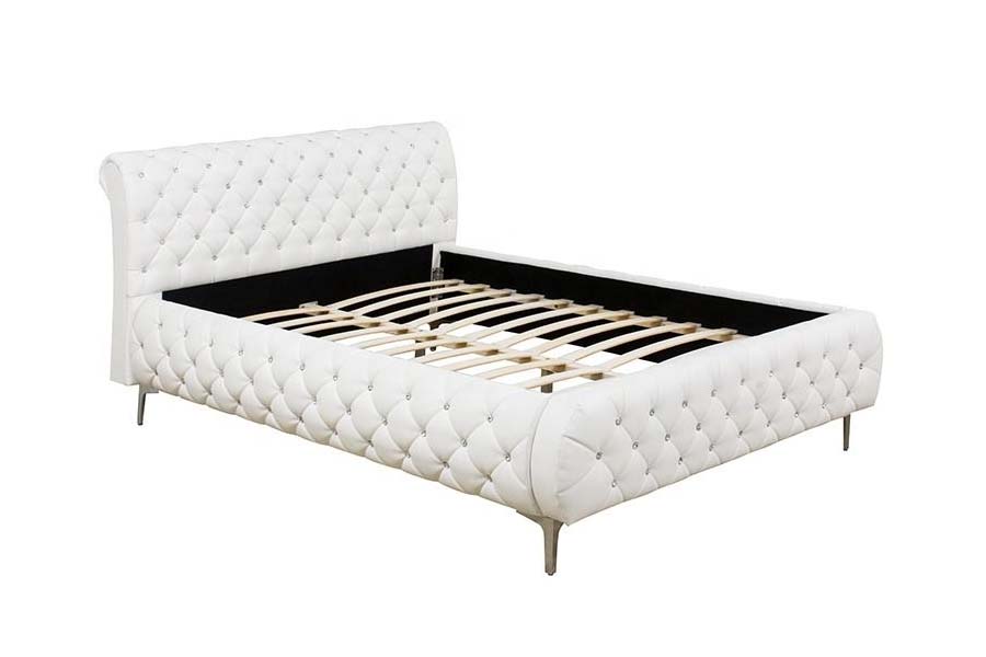 Cama estofada com estrutura de madeira macia em couro PU branco 1586