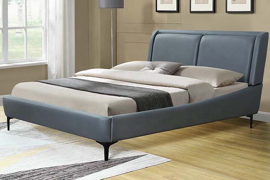 Cama estofada com cabeceira macia em couro preto 1584