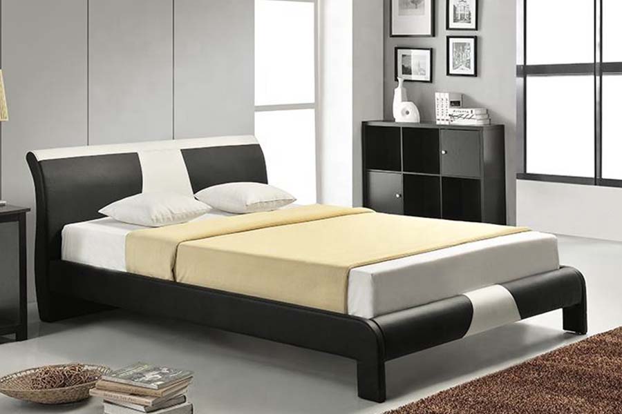 Estrutura de cama estofada com LED de couro sintético moderno e contemporâneo 1857