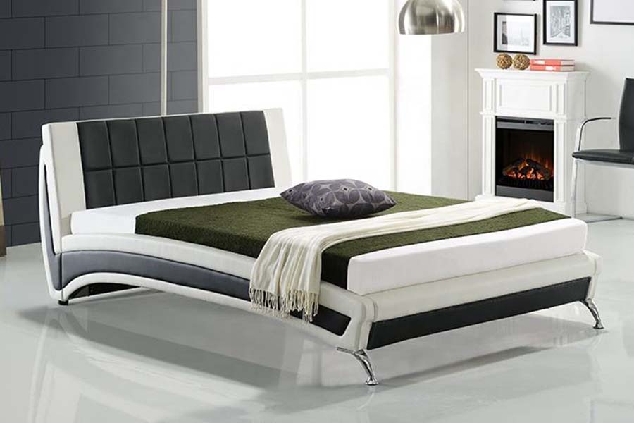 Estrutura de cama estofada com LED de couro sintético moderno e contemporâneo 1857