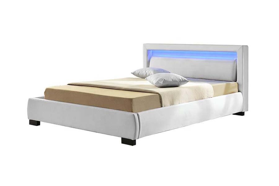 Estrutura de cama estofada com LED de couro sintético moderno e contemporâneo 1857